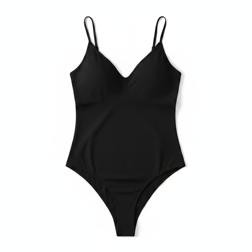 Black one-piece swimsuit worn by a model on a white background