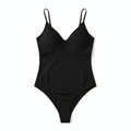 Black one-piece swimsuit worn by a model on a white background