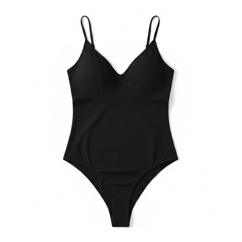 Black one-piece swimsuit worn by a model on a white background
