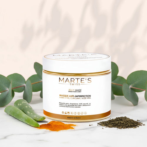 Marte's Swiss elly mask packaging with eucalyptus leaves on a light background