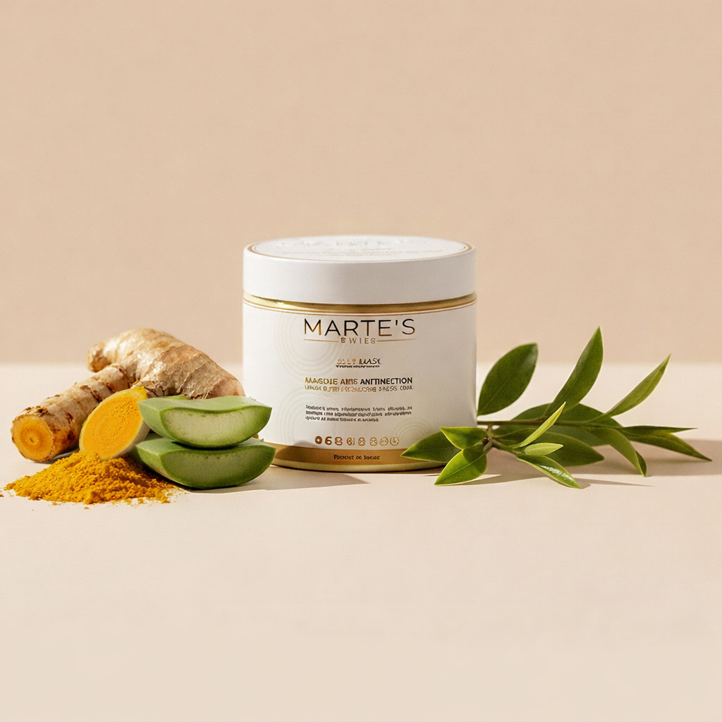 Jar of cream with a leaf and flower on a beige background