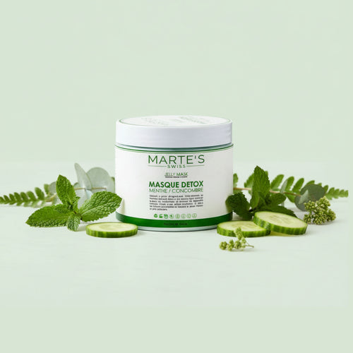 Jar of Marte's Detox Mask with mint leaves and cucumber slices on a light green background