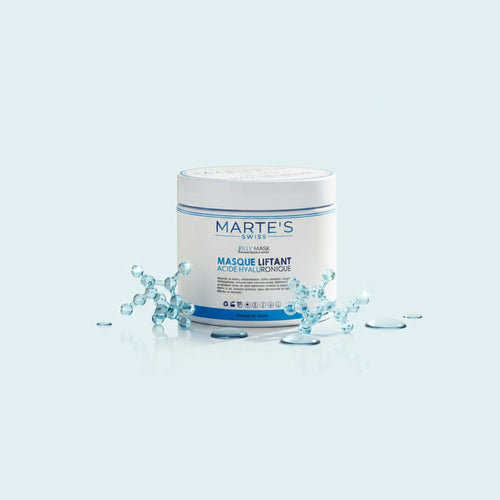 Marte's facial mask jar with blue accents on a light blue background
