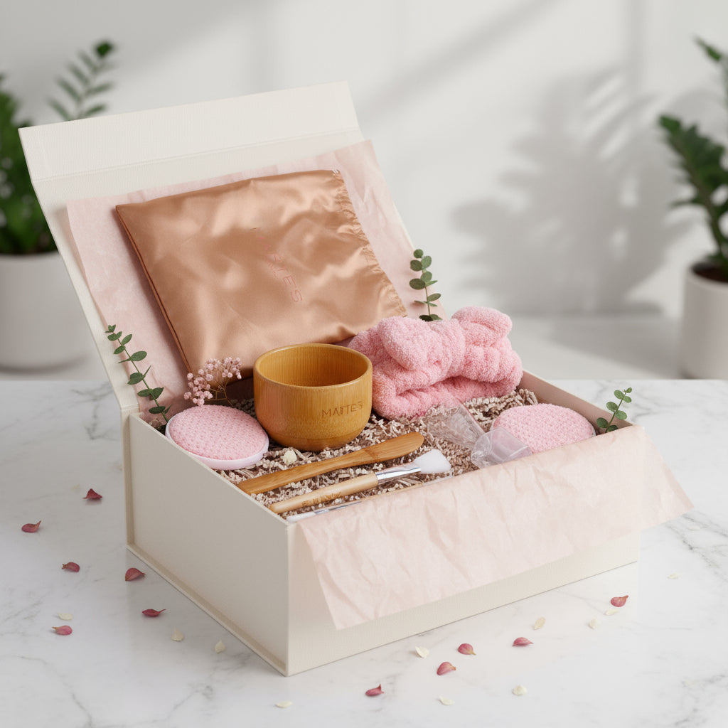 Gift box with bath bombs, a cup, and other items on a marble surface.
