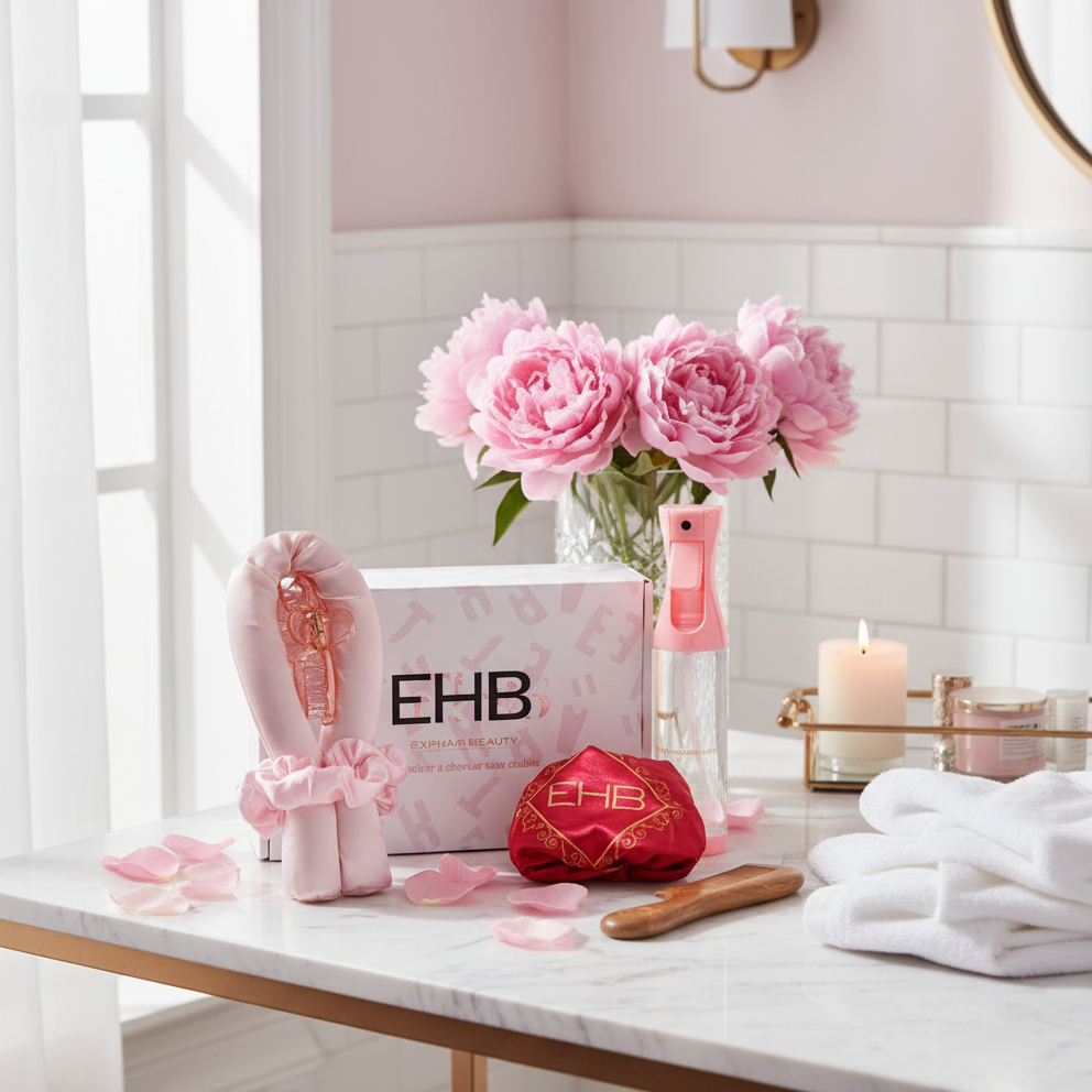 Bathroom counter with EHB products, pink flowers, and towels.